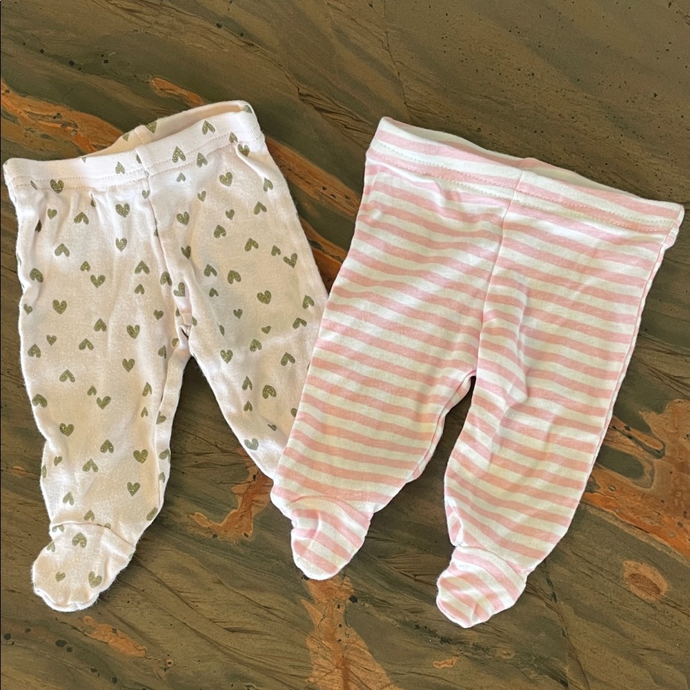 Gerber Baby Footed Pants Set - Pink & White with Green Heart Accents
